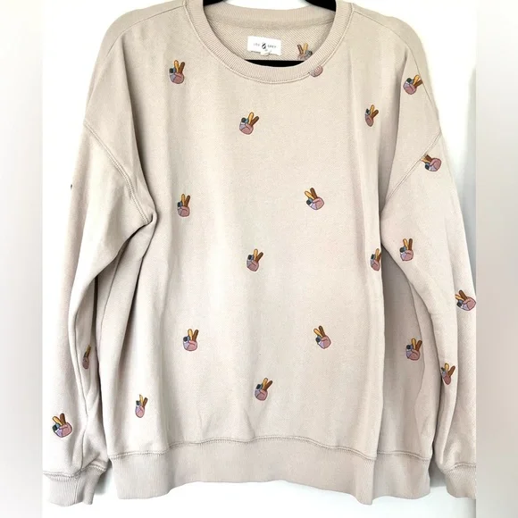 Lou & Grey Cotton Beige Embroidered Peace Sign Matching Sweatshirt and Pant Set - Picture 2 of 9